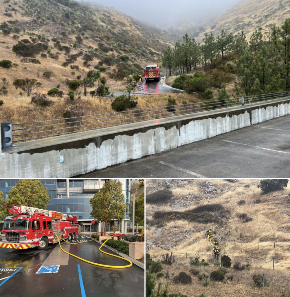 Collage of firetruck and firemen scaling hills