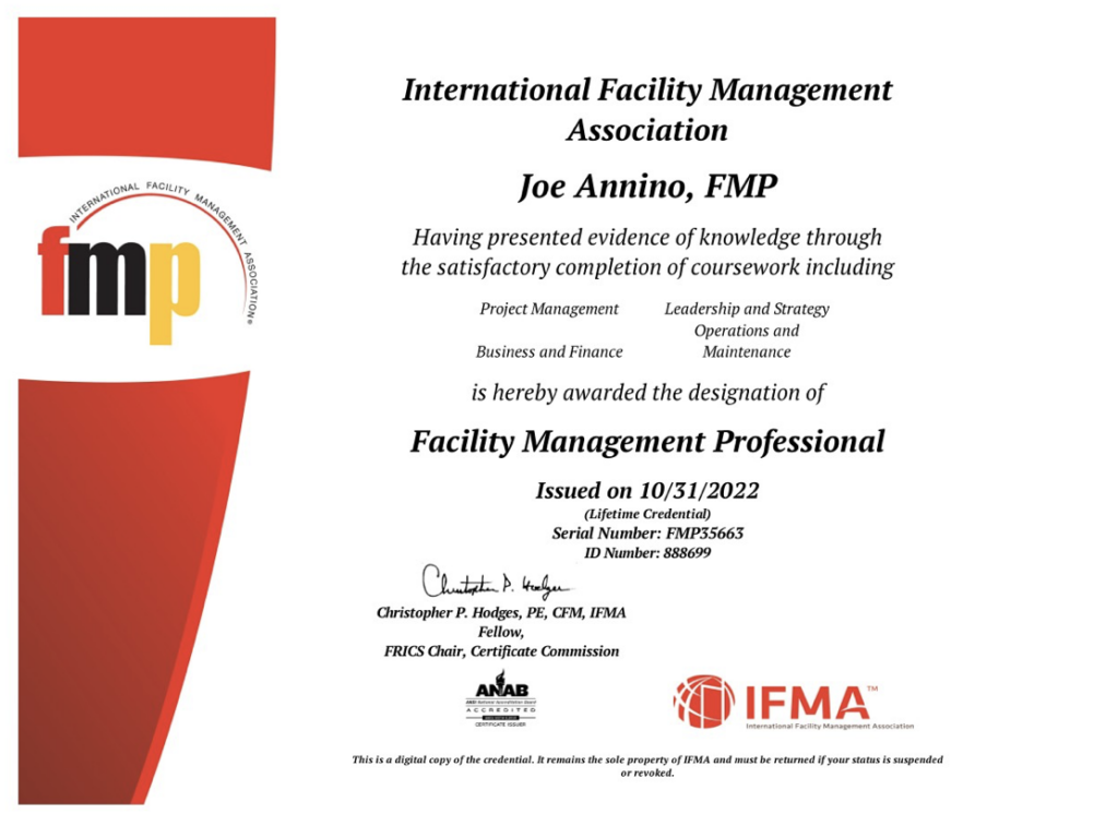 Joe Completes His IFMA Facility Management Professional