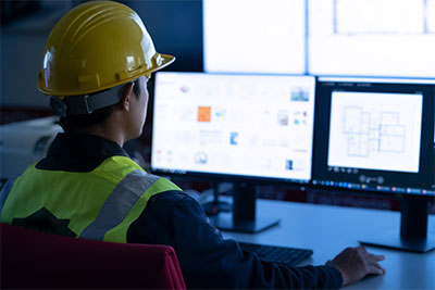 worker in hardhat at computer